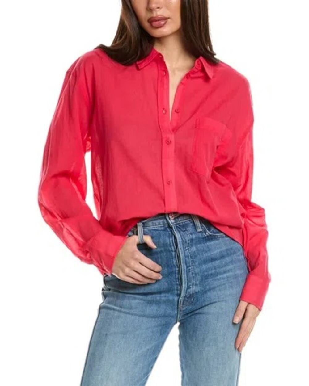 7 For All Mankind Cotton Voile Top Long Sleeve Button-Up Shirt Geranium Red M